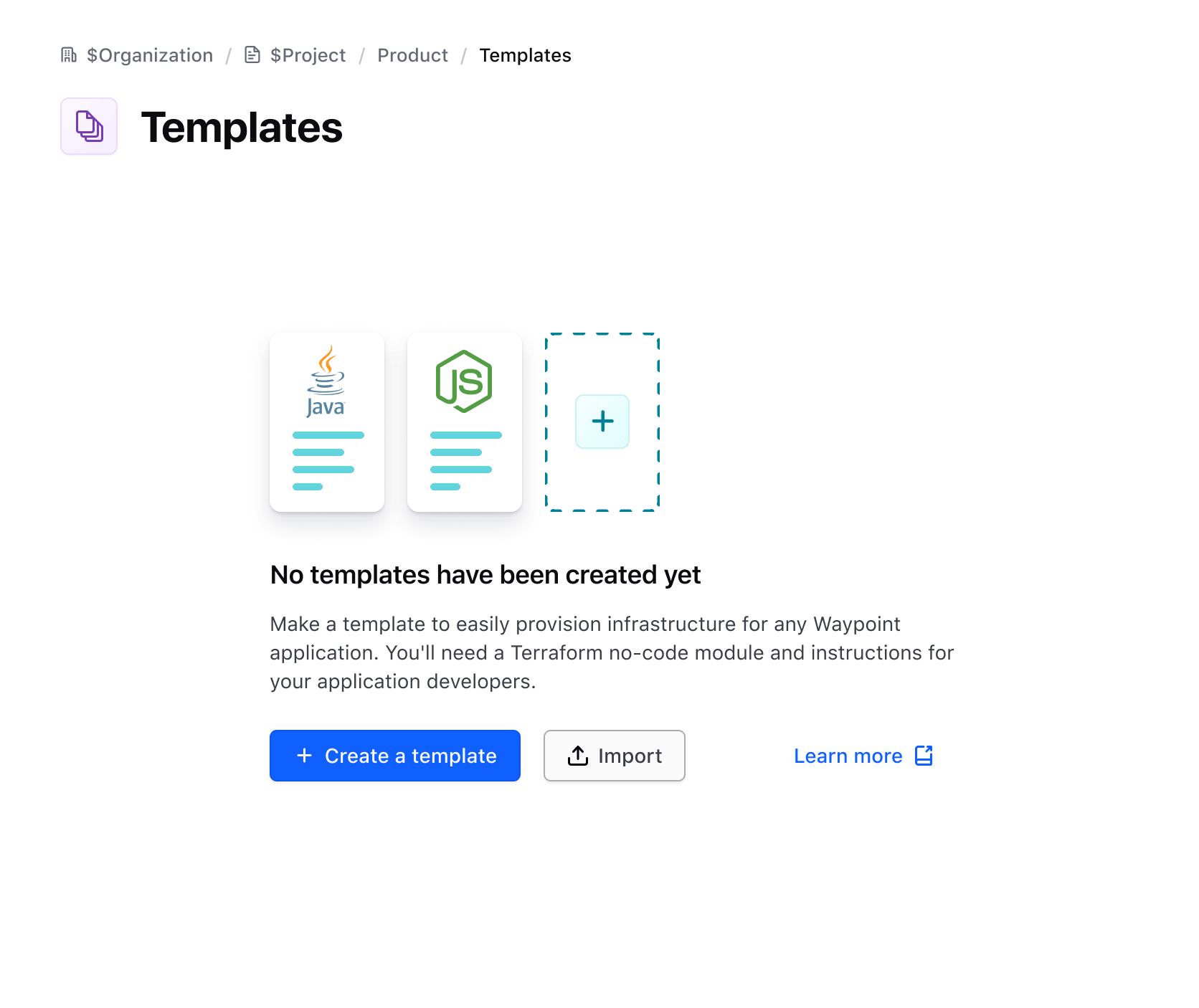Showing an empty state with a primary button with a page header with out a primary button